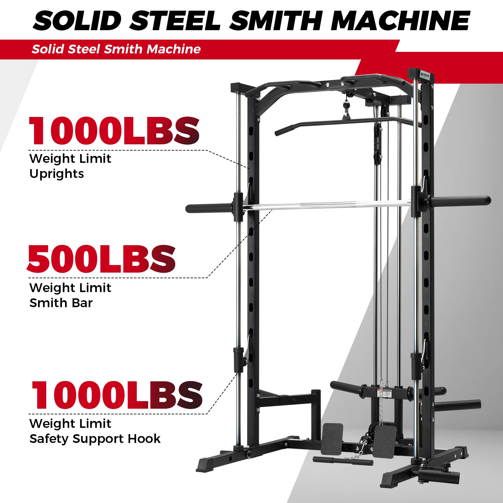 RitFit PSR05 2.0 Multifunctional Smith Machine Power Rack with LAT-Pull Down System - Image 10