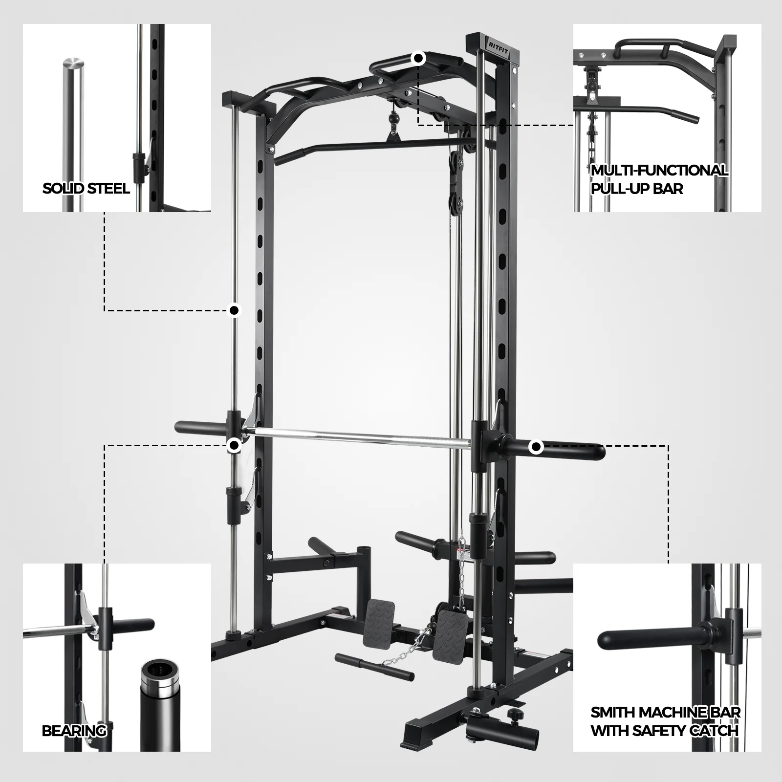 RitFit PSR05 2.0 Multifunctional Smith Machine Power Rack with LAT-Pull Down System - Image 7