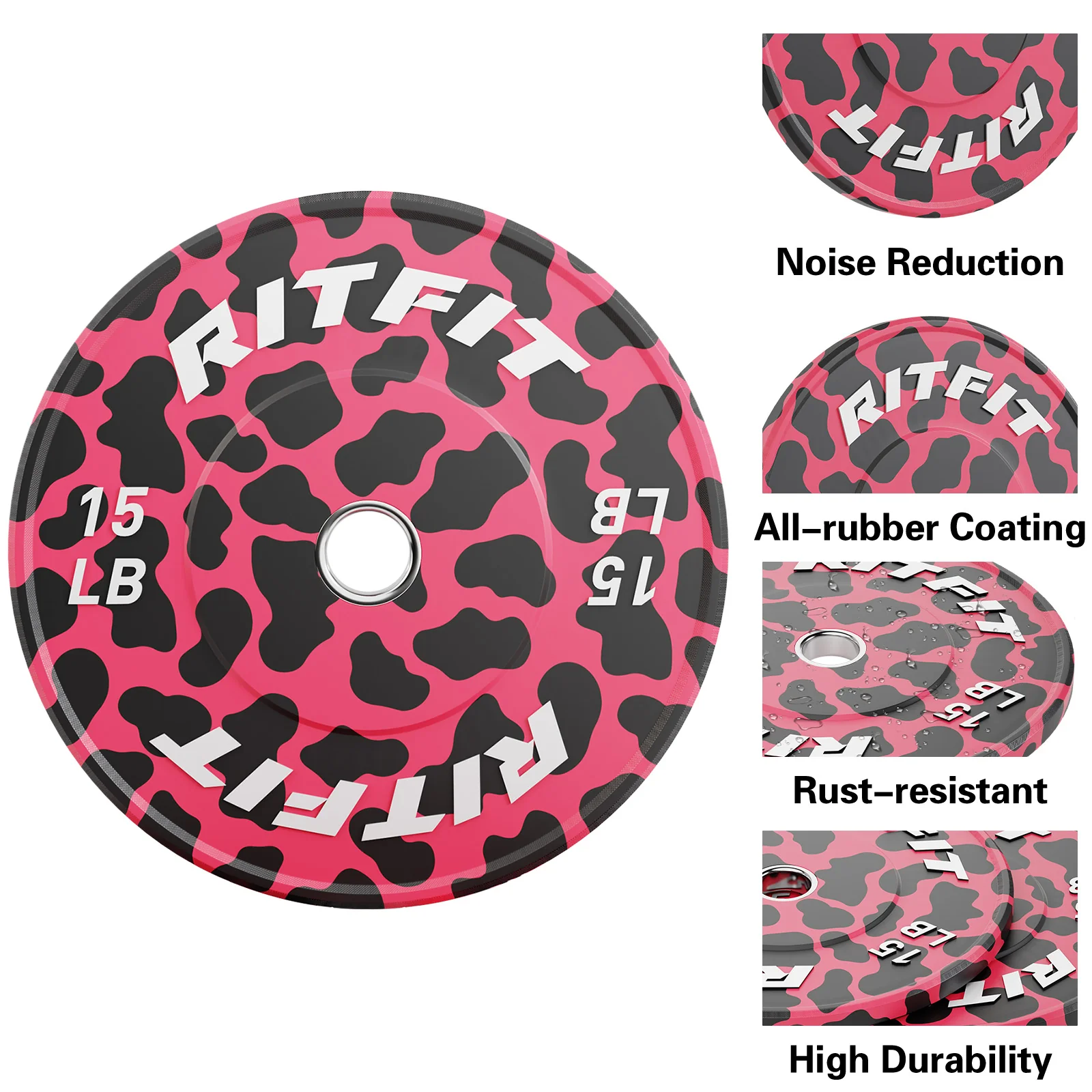 RitFit Pink Leopard Print Olympic Bumper Weight Plates - 2-inch - Image 4