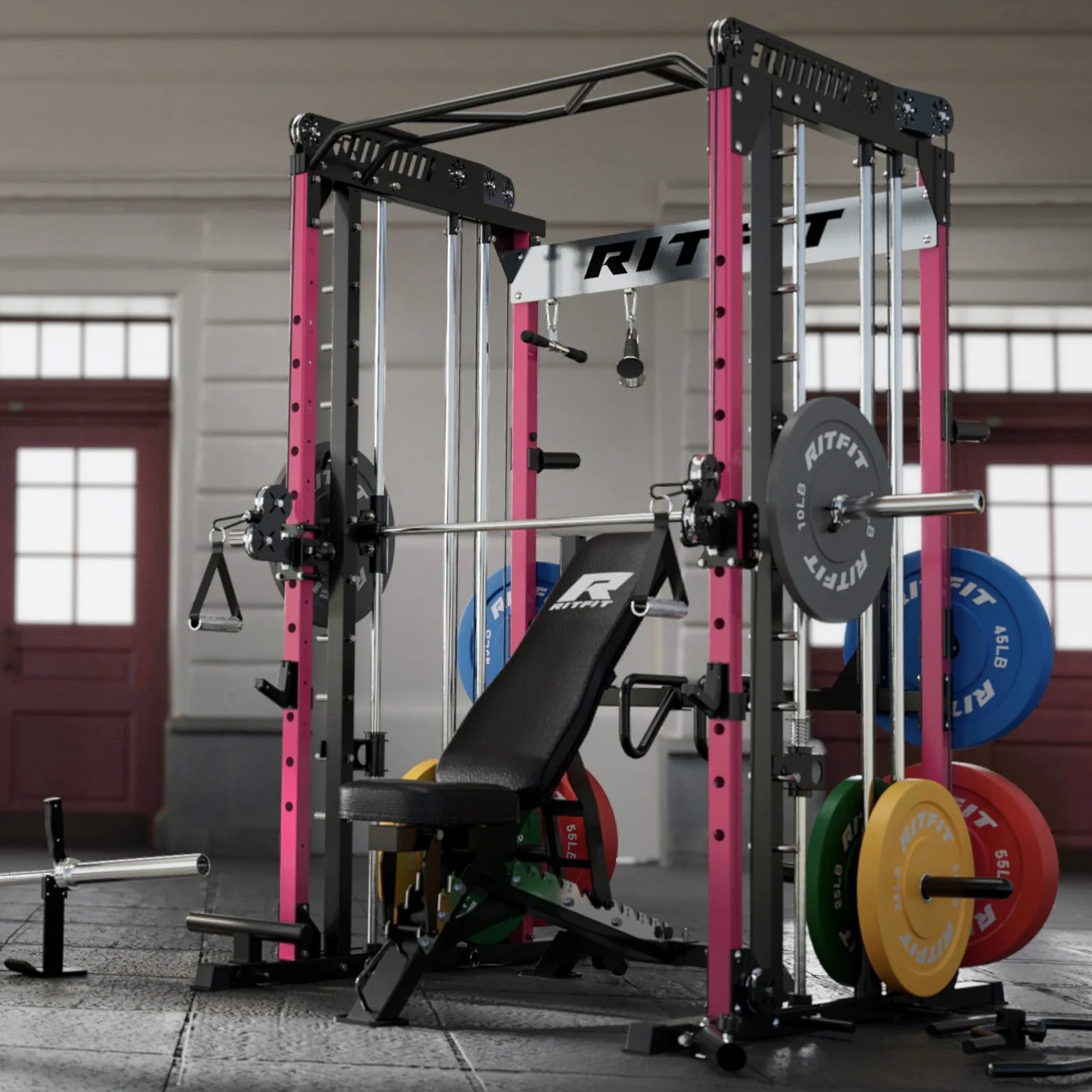RitFit Pink M1 PRO Multi-Functional Smith Machine with Cable Crossover System and Squat Rack for Home Gym - Image 12