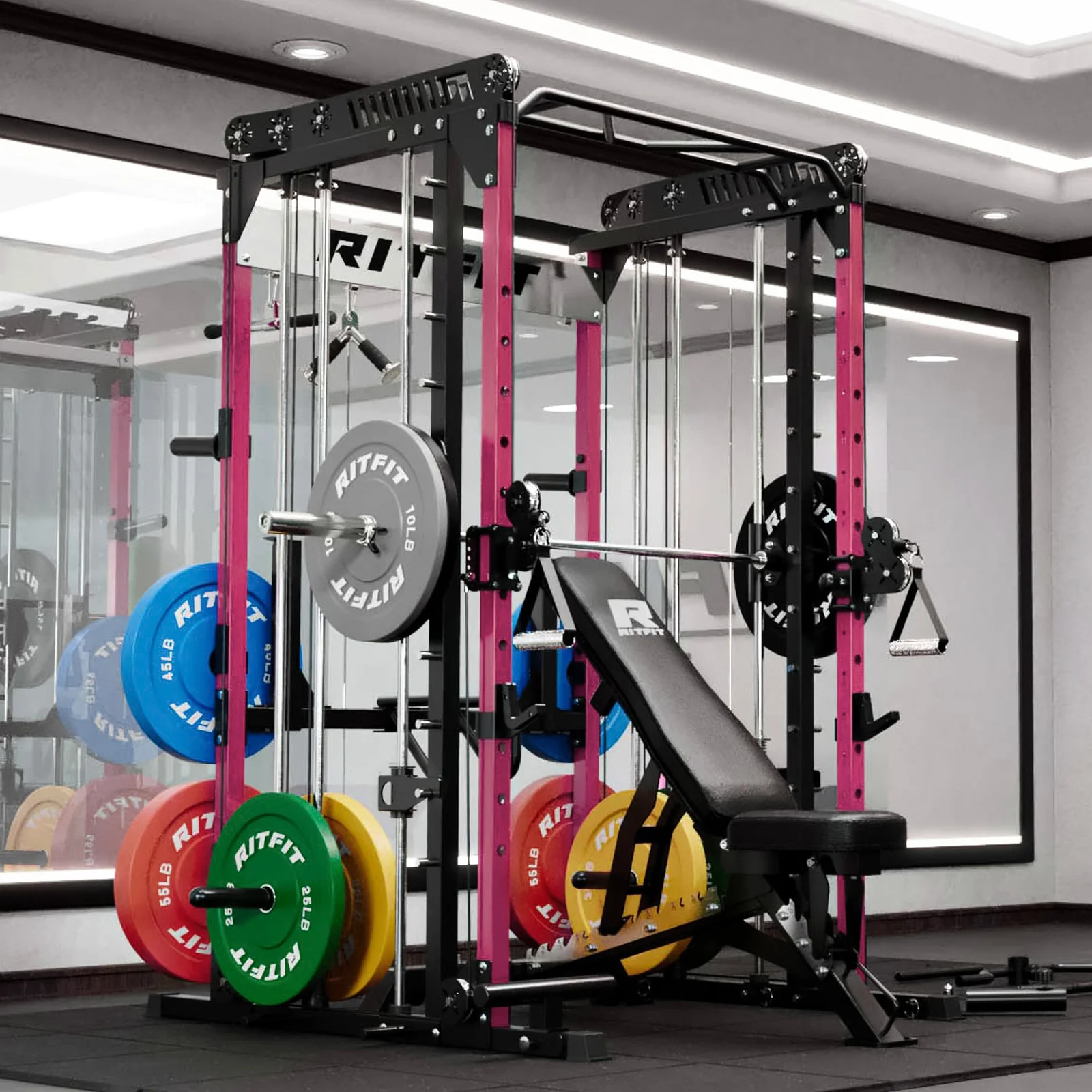 RitFit Pink M1 PRO Multi-Functional Smith Machine with Cable Crossover System and Squat Rack for Home Gym - Image 13