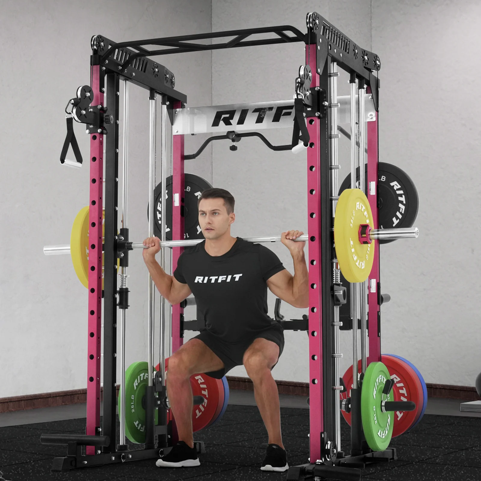 RitFit Pink M1 PRO Multi-Functional Smith Machine with Cable Crossover System and Squat Rack for Home Gym - Image 15