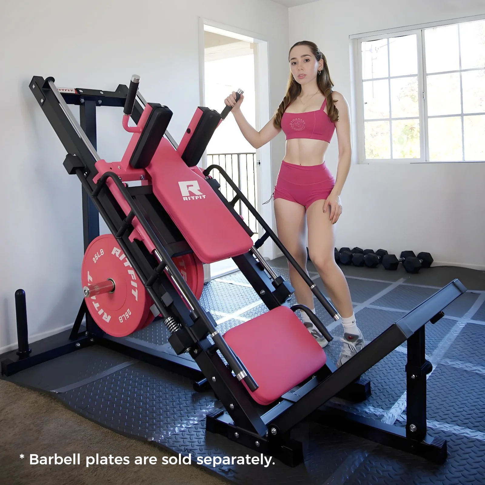 RitFit BLP01 45 Degree 3-In-1 Leg Press Hack Squat and Calf Raise Machine - Pink - Image 8